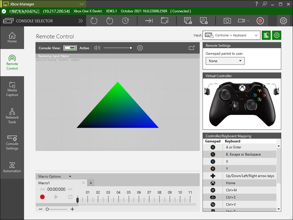 Captura de pantalla de la pestaña Remote Control en XBOX Manager