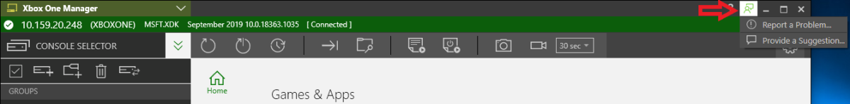 Screenshot of the Send Feedback drop-down menu in XBOX Manager
