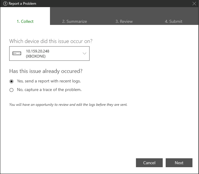 Screenshot of the Report a Problem dialog box in XBOX Manager
