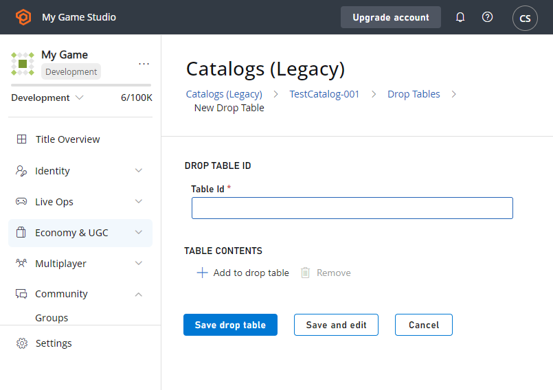 Game Manager - Economy - Catalogs- New Drop Table