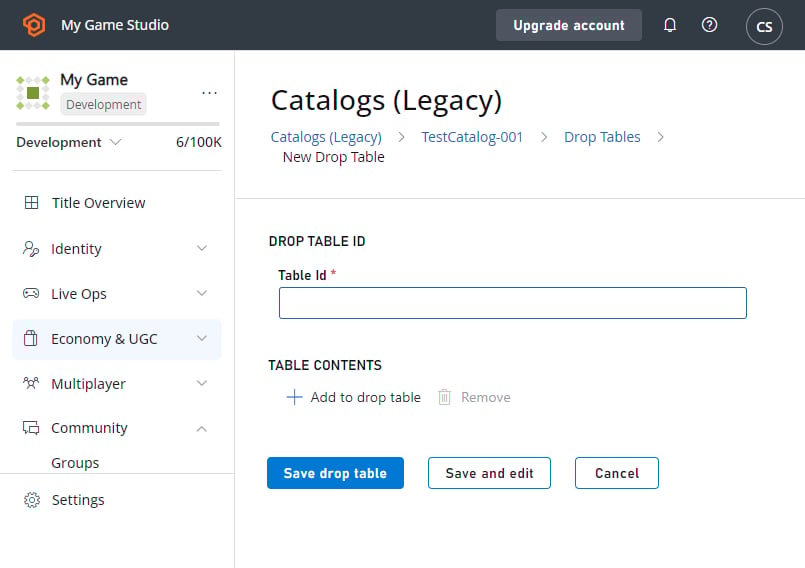 Game Manager - Economy - Catalogs - New Drop Table