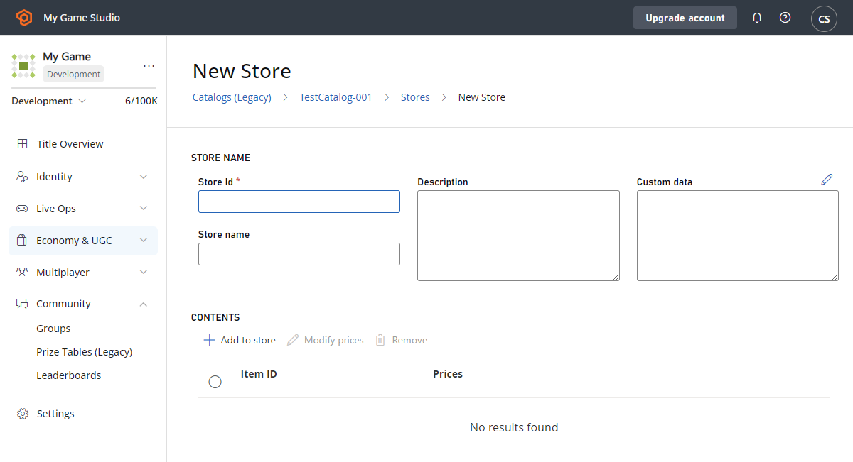 Game Manager - Economy - Catalogs- New Store