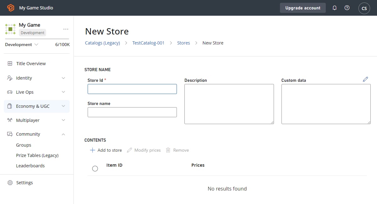 Game Manager - Economy - Catalogs - New Store