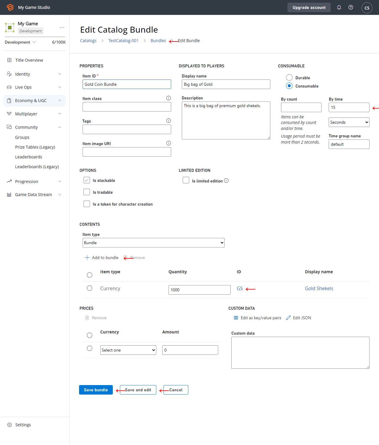 Game Manager - Economy - Editar lote del catálogo