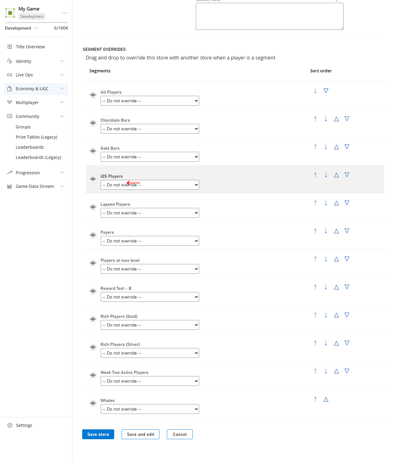 Game Manager/Editar tienda/Invalidaciones de segmento