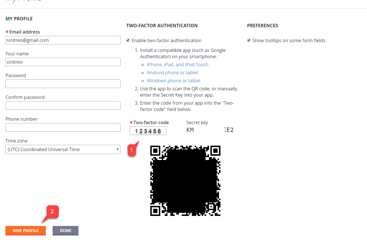 Game Manager - My Profile - Inserir código de dois fatores