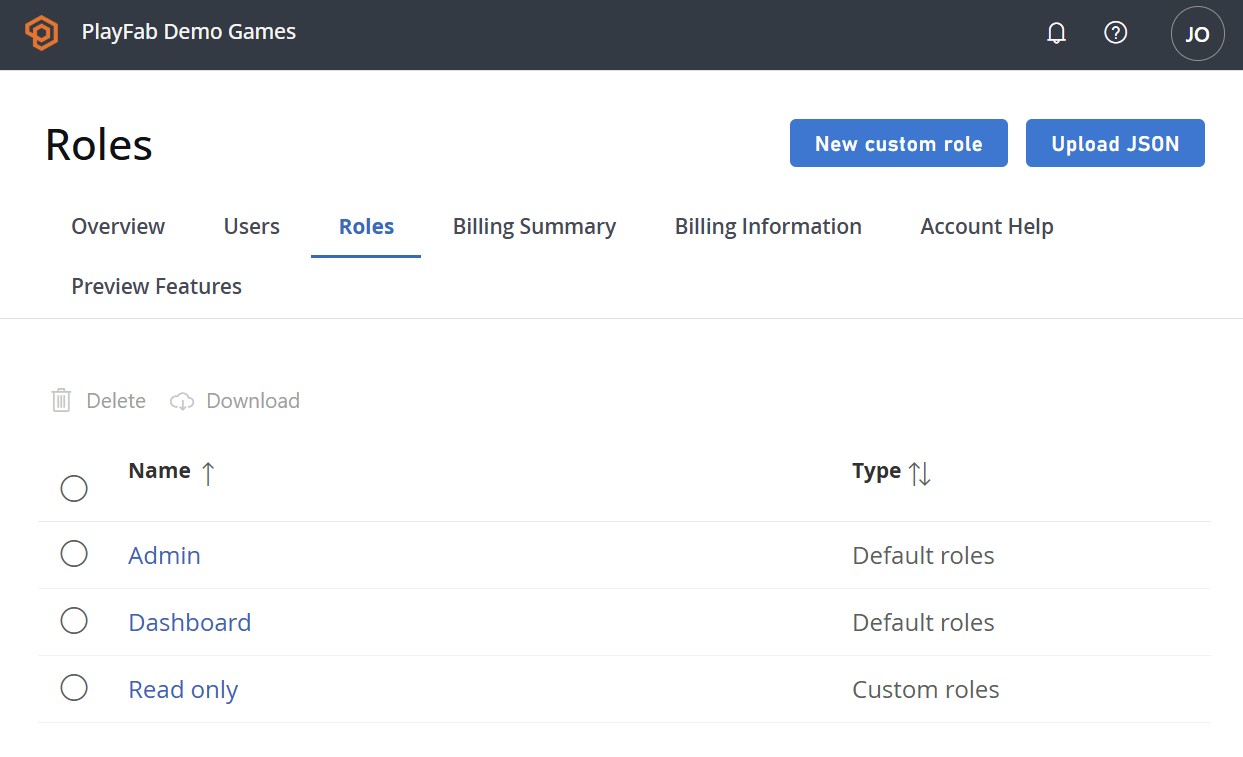 screenshot of the Roles list with the New Role button