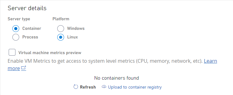 Détails du serveur avec Linux Container sélectionné comme système d'exploitation et type de serveur