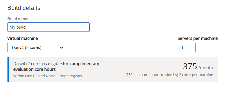 Criar um novo build para o Multiplayer Servers usando o Game Manager: exemplo de detalhes do build com as configurações acima.
