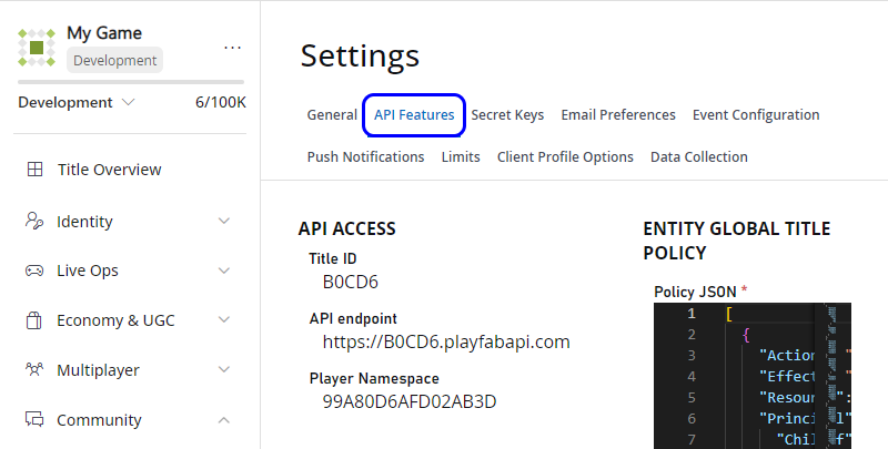 Game Manager의 API 기능 탭