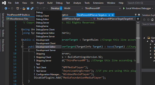 imagen que muestra Visual Studio con la opción de compilar en modo Development Editor