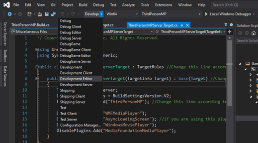 Development Editor モードでビルドするオプションが表示された Visual Studio の画像