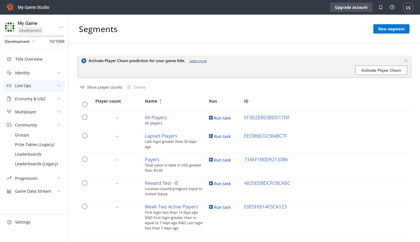 Game Manager - Players - Create or access Segments