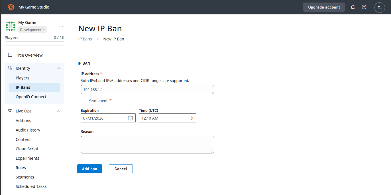 Game Manager - Banimentos de IP - Novo banimento de IP