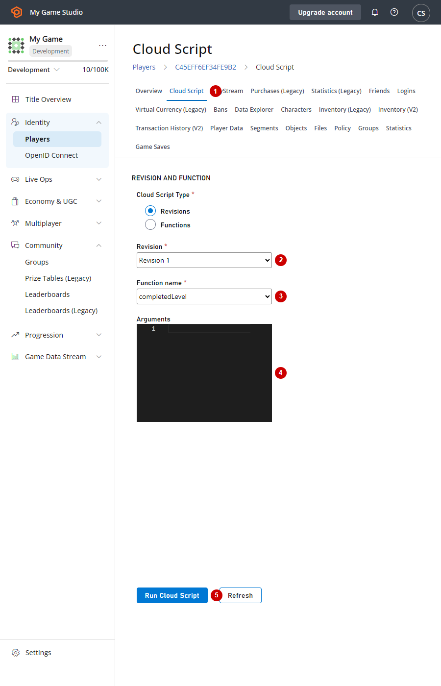 Game Manager - Jugador - Ejecutar CloudScript