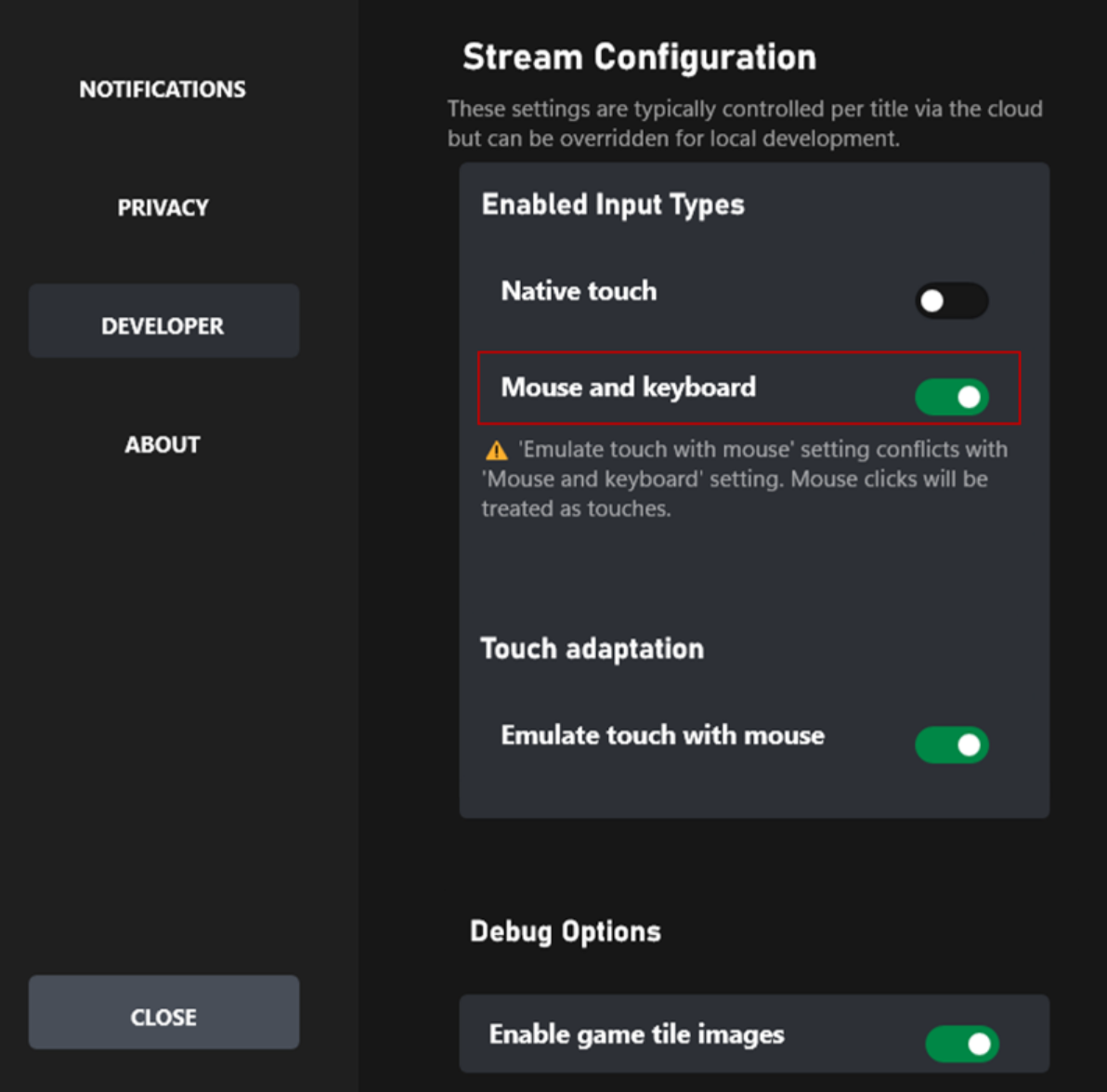 Configuración de desarrollador en la CTA de PC