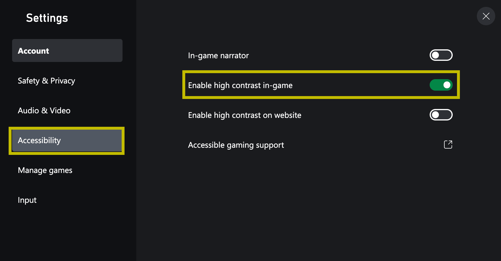 Enabling high contrast mode on the web CTA step 2