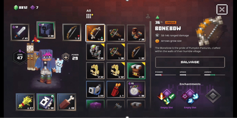 Capture d'écran de la gestion de l'inventaire dans Minecraft Dungeons