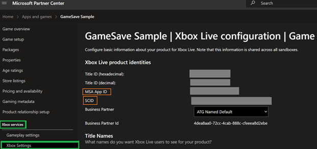 Partner Center XBOX services 보기.