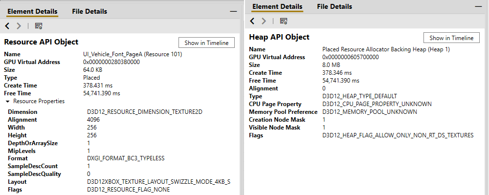 資源物件與堆積物件的 Element Details 檢視