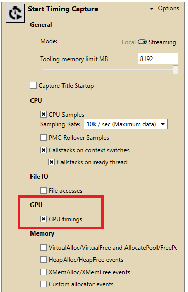 選取 GPU Timing 核取方塊，以在時間擷取中收集 D3D API 物件資料