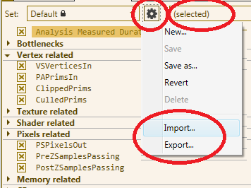 Utilisez le menu personnalisé pour importer et exporter des ensembles de compteurs. Utilisez le filtre pour limiter les compteurs répertoriés.