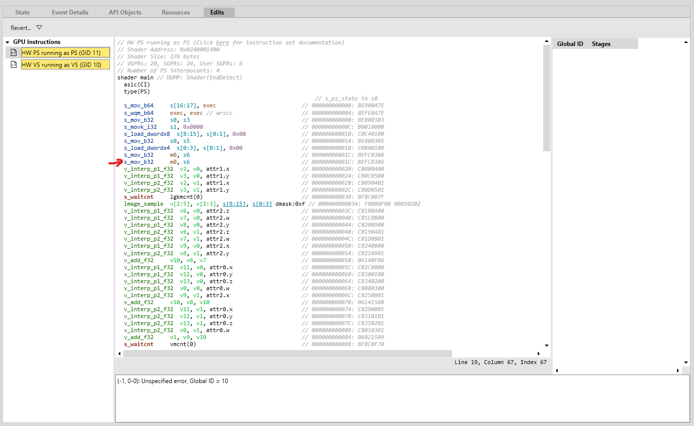 Onglet Edits de PIX GPU