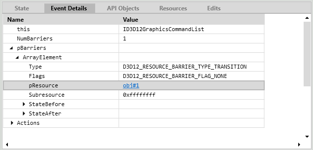 Event Details de PIX GPU pour l'appel ResourceBarrier