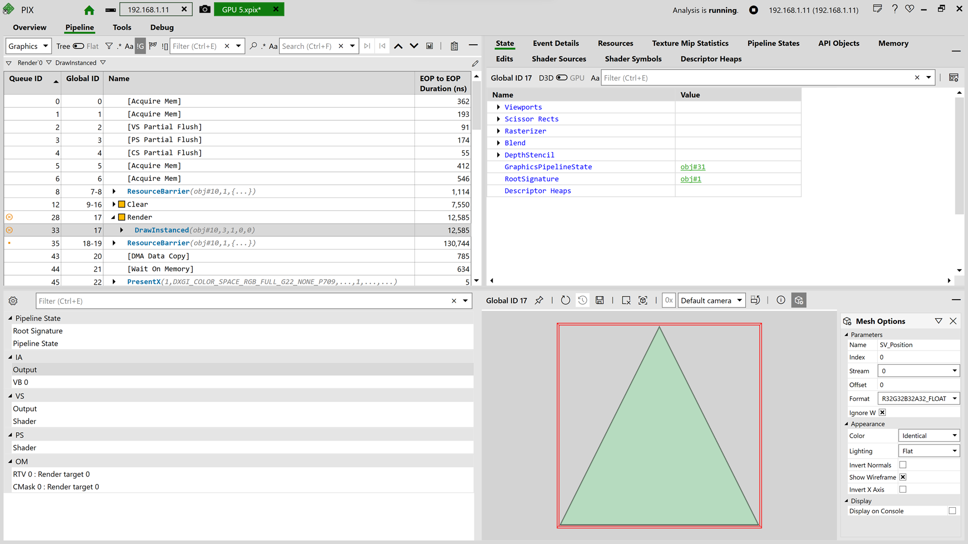 Simple Triangle 範例的 PIX GPU 管線檢視