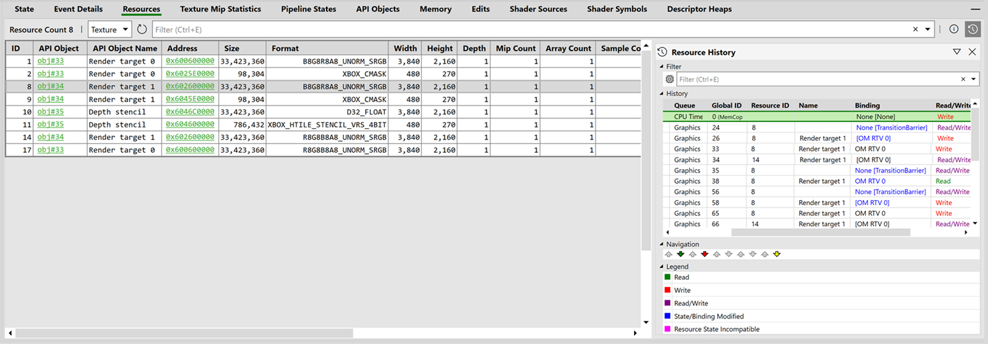 Onglet Resources de PIX GPU