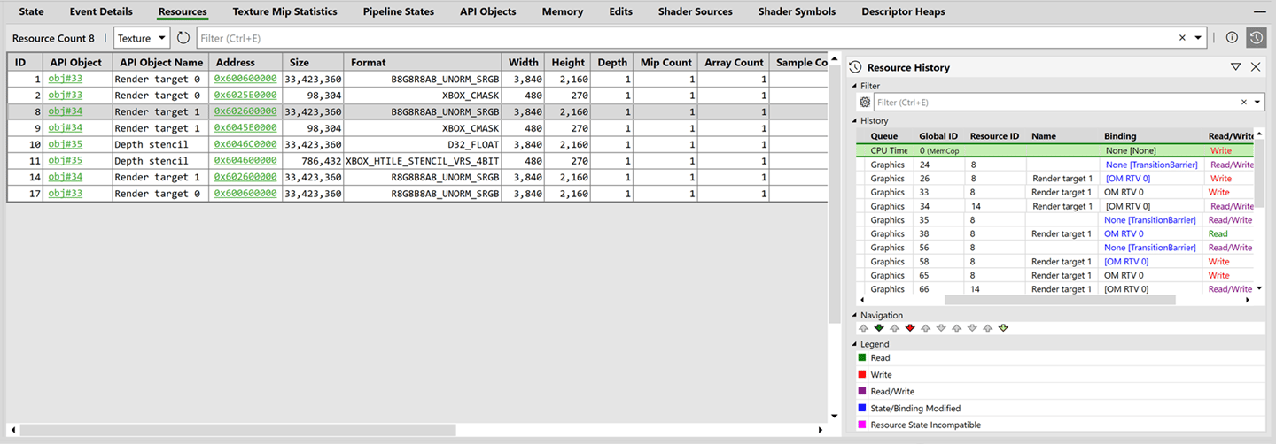 Onglet Resources de PIX GPU