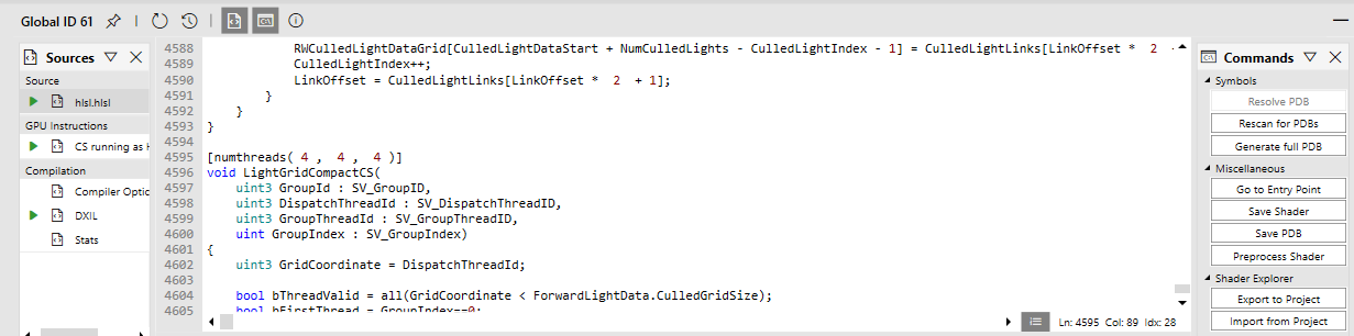 Capture d'écran de l'emplacement du bouton Import from Project dans la section Shader Explorer du panneau Commands.