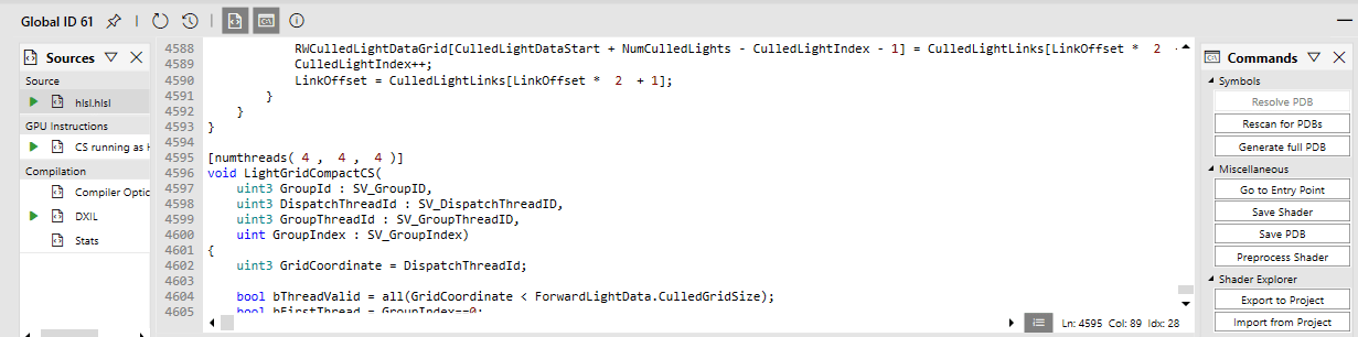 Capture d'écran de l'emplacement du bouton Import from Project dans la section Shader Explorer du panneau Commands.