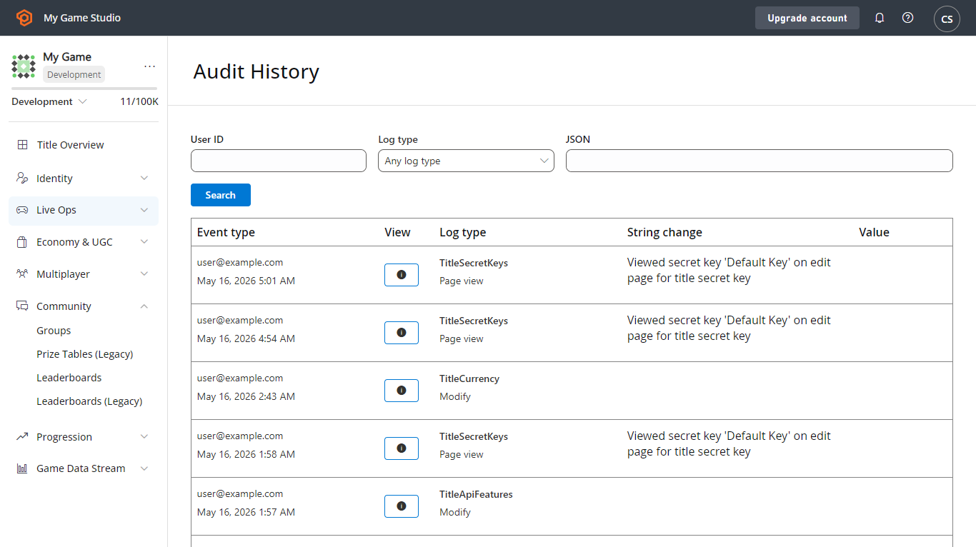 Game Manager - Settings - Historial de auditoría
