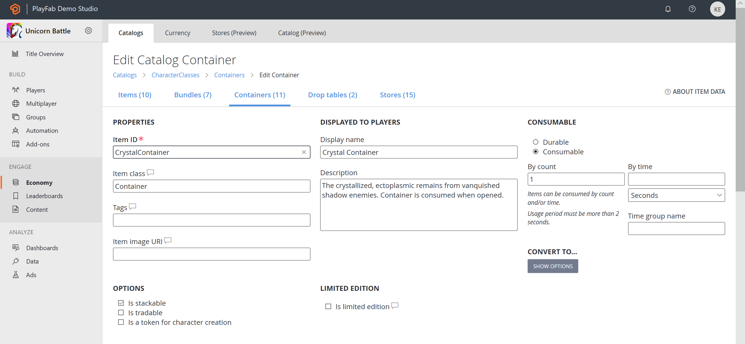 Game Manager - Economy - Catálogos - Editar contenedor