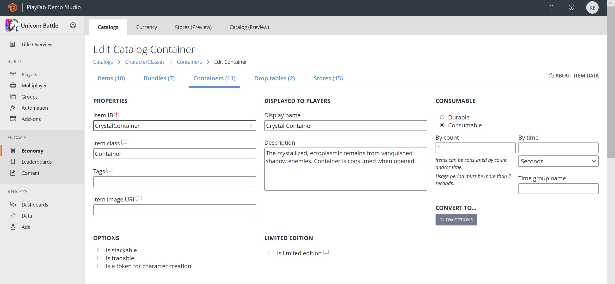 Game Manager - Economy - Catalogs - Edit Container