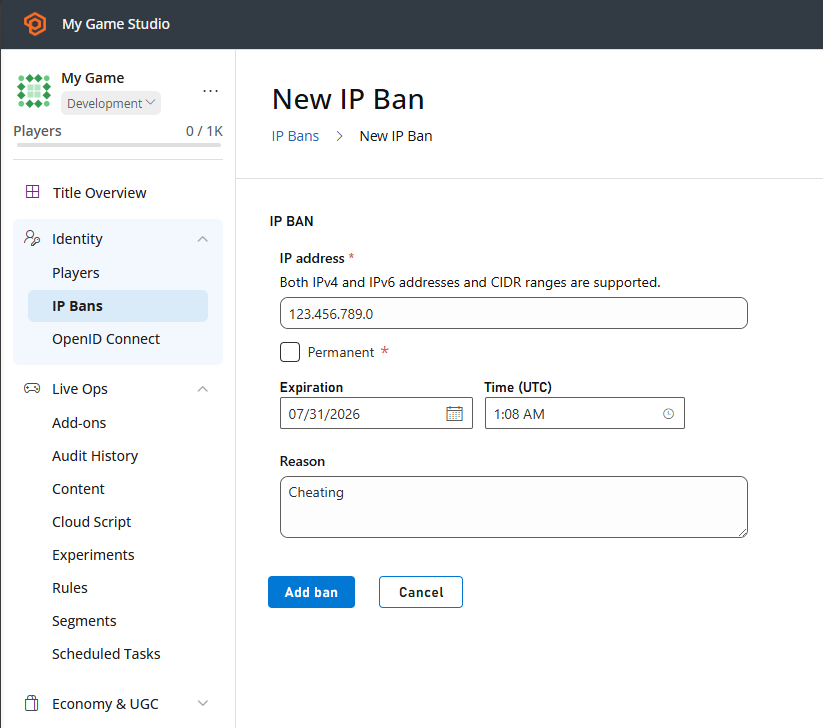 Game Manager - IP Bans - Add Ban