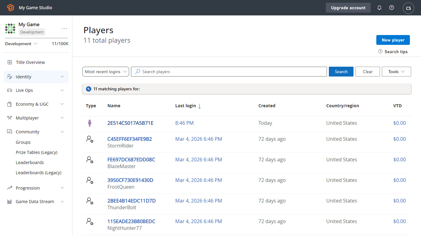 Game Manager - Pestaña Players