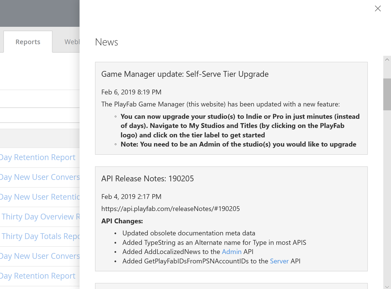 Game Manager - Notificaciones publicadas