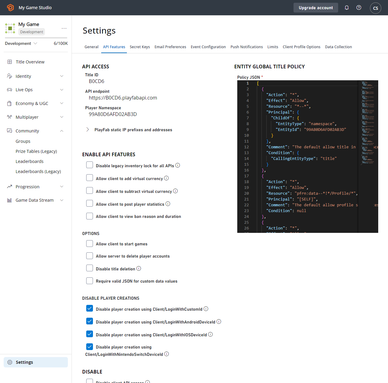 Game Manager - Settings - API Features