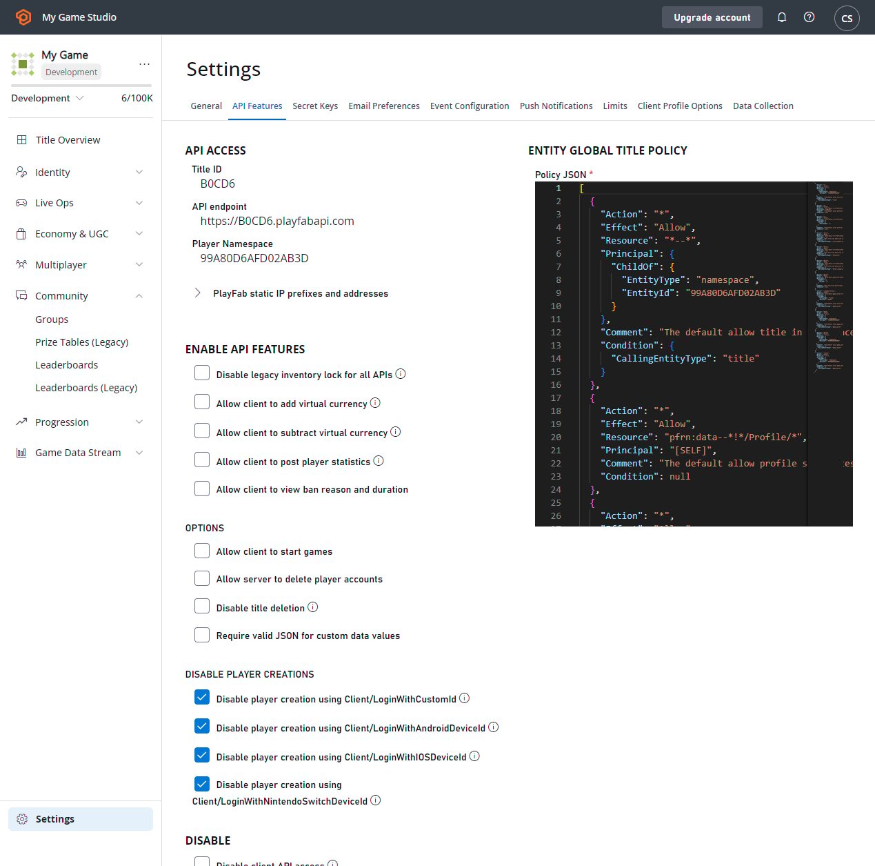 Game Manager - Settings - API Features