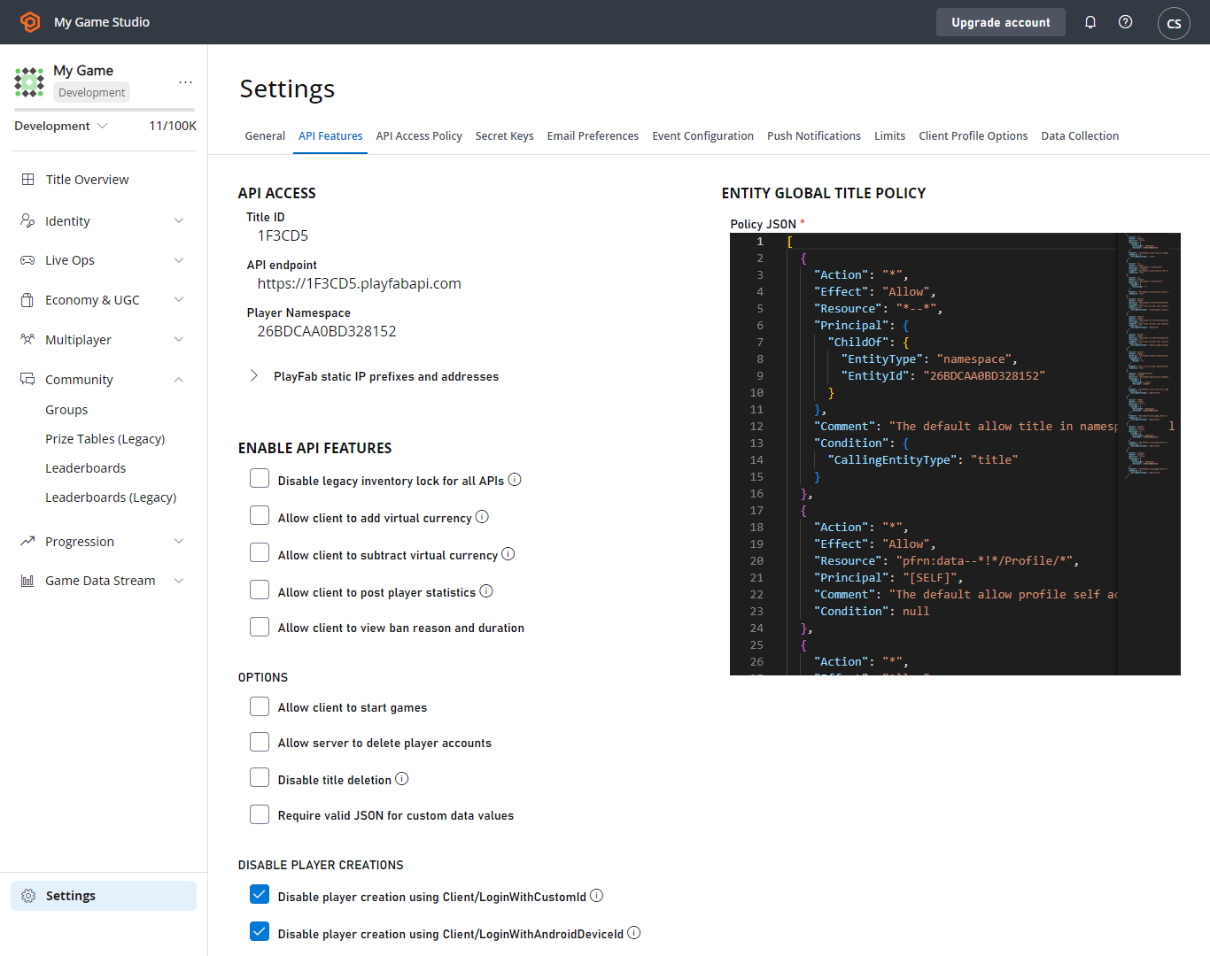 Game manager - Settings - API Features
