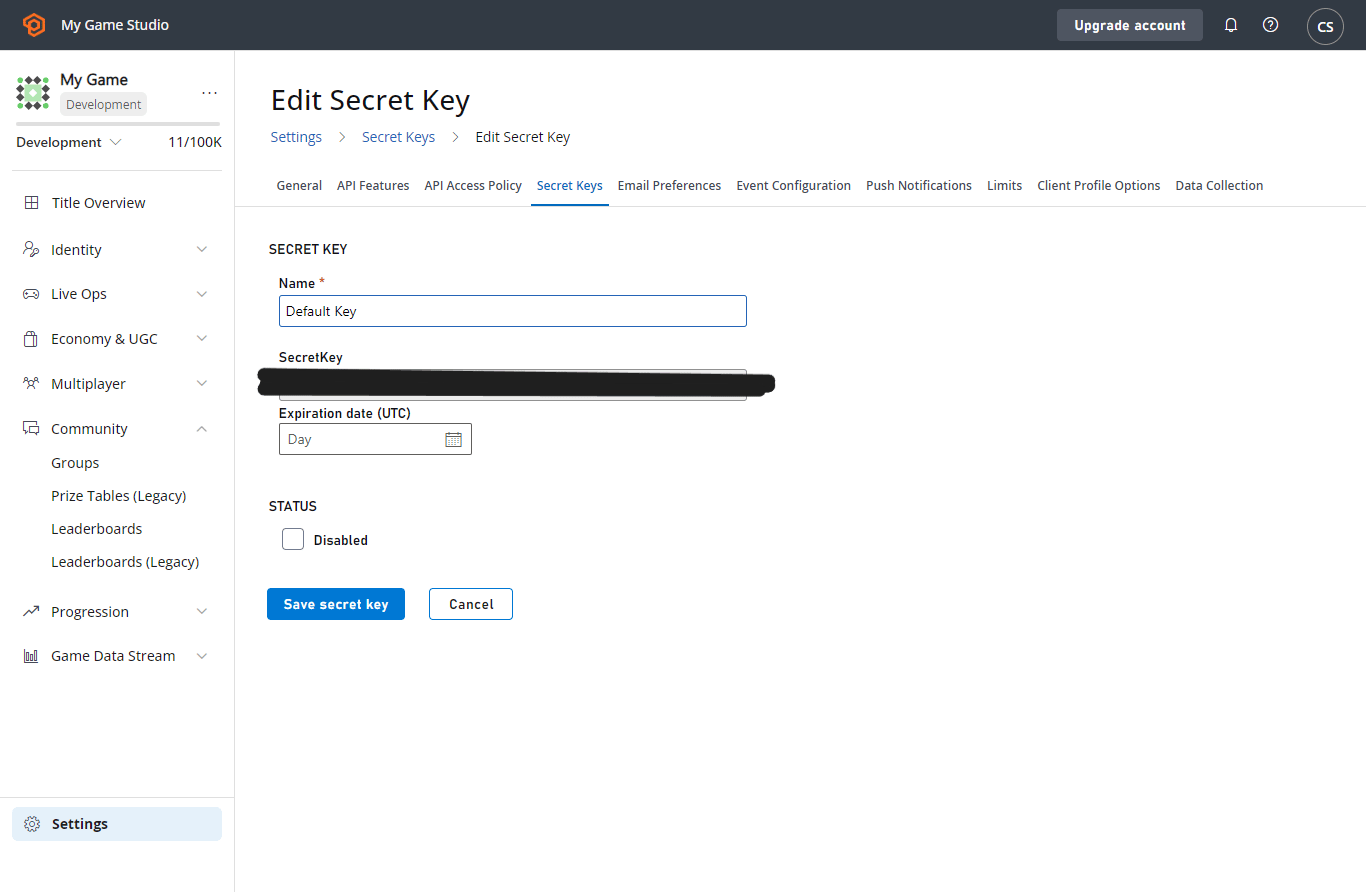 Game Manager - Settings - Edit Secret Key