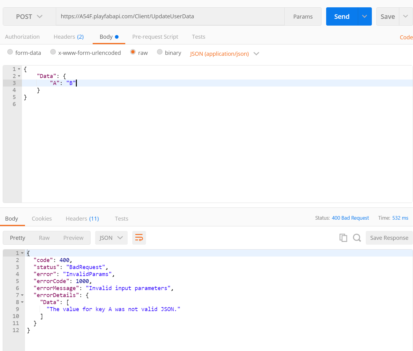 Postman - 無効な JSON の送信