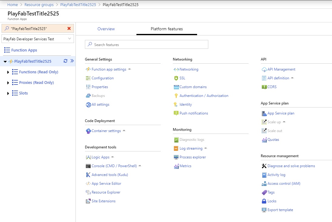 Paso 1 de la depuración de CloudScript con Azure Functions en Azure Portal