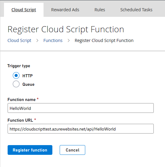Registrar función de CloudScript