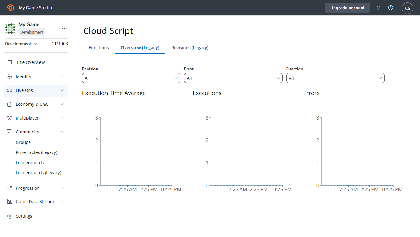 Game Manager - Panel de CloudScript que muestra un gráfico de errores de la API