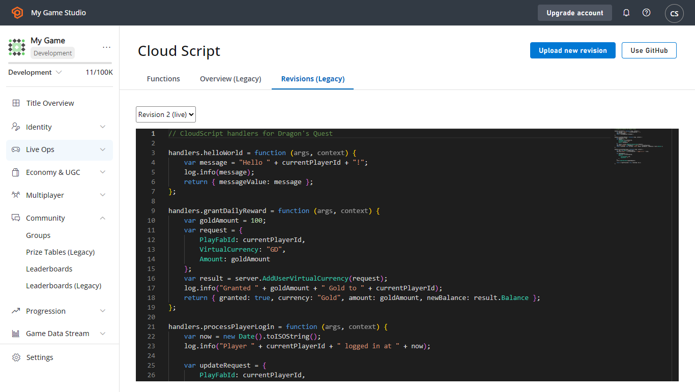 Game Manager - Upload CloudScript - select revision