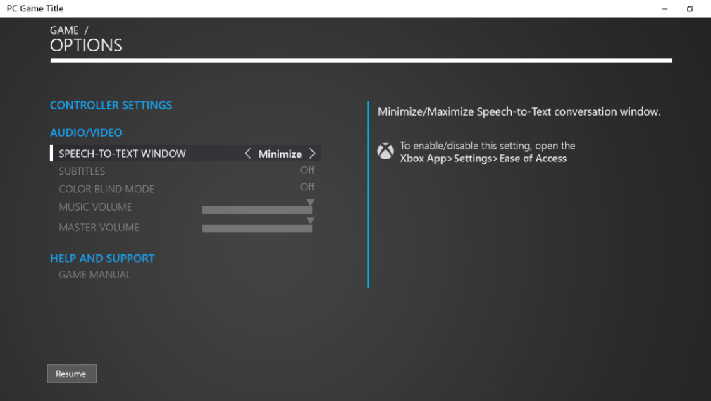 Ejemplo de PC: agregar configuración de conversión de voz en texto en el menú Pausa