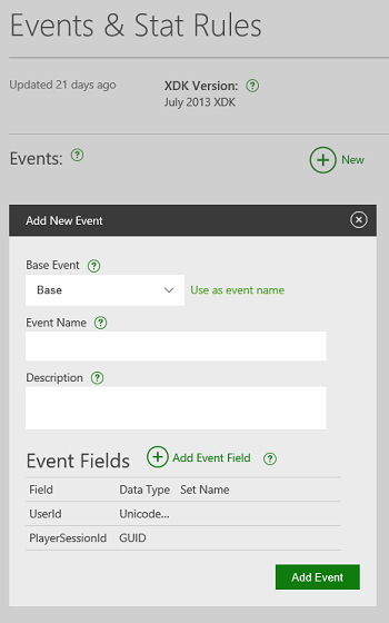 Partner Center の Add New Event ダイアログのスクリーンショット。